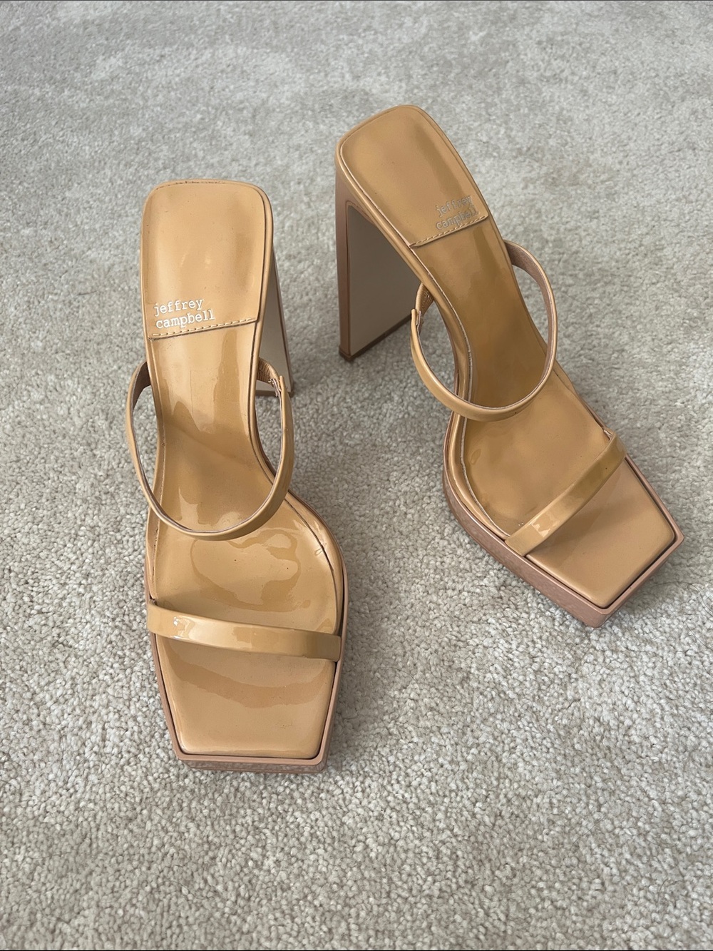 Jeffrey Campbell Nude Patent Square-Toe Block Heel Mules